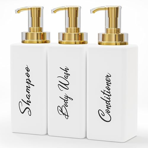 Akalin Refillable Shampoo and Conditioner Bottles, 16oz White and Gold Soap Dispenser Bathroom, Shampoo and Conditioner Dispenser for Bathroom Lotion Body Wash Massage Oils (White) - Image 1