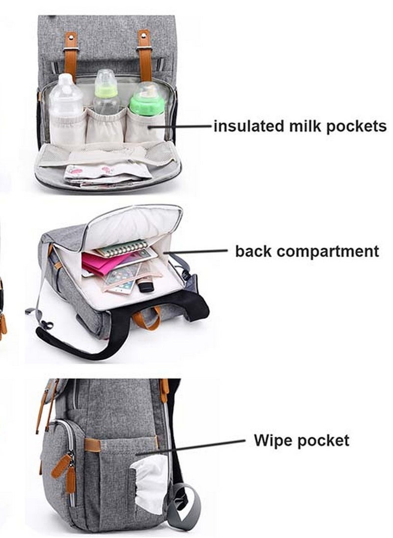 Kiddale - Multifunctional Diaper Organizer Bag With Laptop Compartment, USB Charging Cable, Insulated Pocket And Stroler Hooks- Grey - Image 1