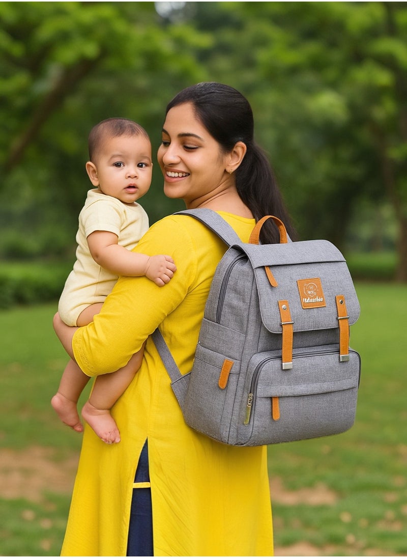 Multifunctional Diaper Organizer Bag With Laptop Compartment, USB Charging Cable, Insulated Pocket And Stroler Hooks- Grey