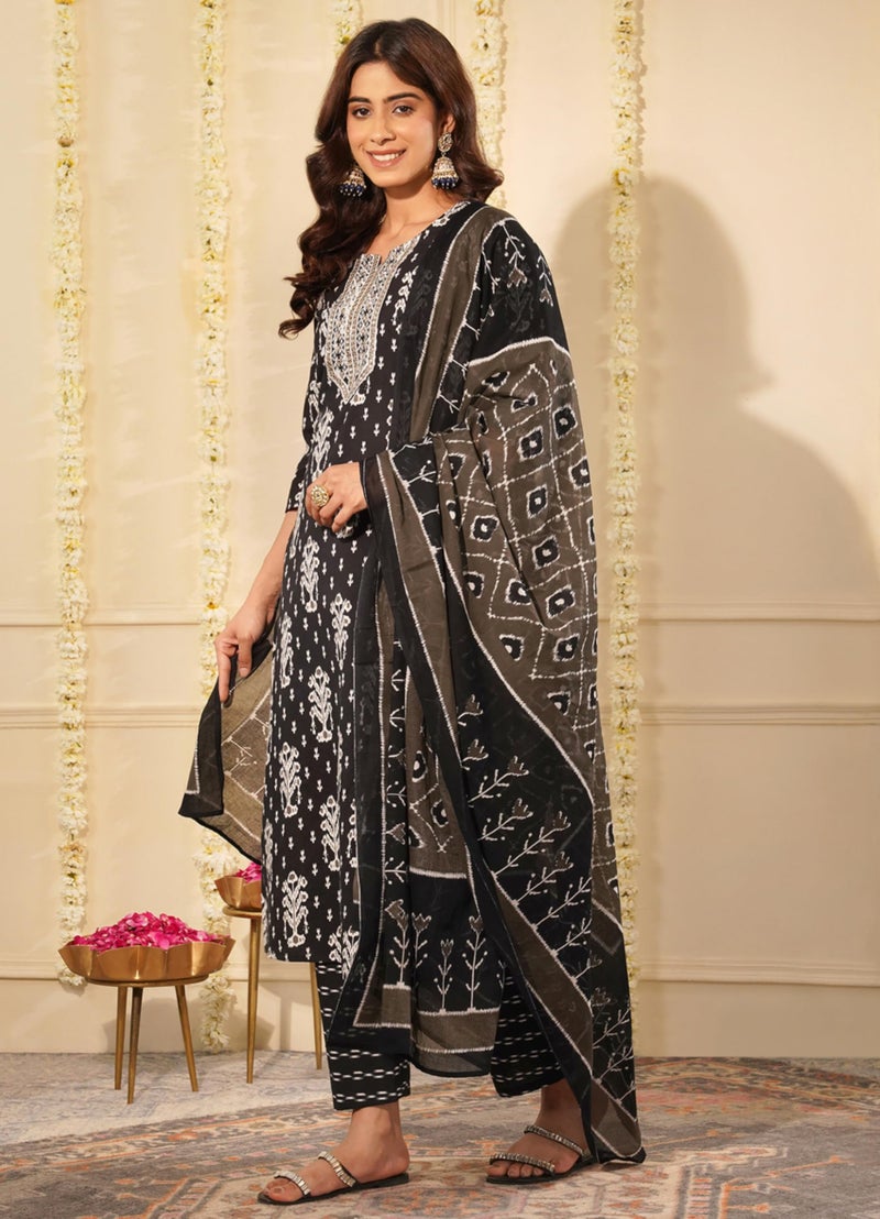 rytras Women's Pure Cotton Embroidered Straight Kurta Set with Palazzo Pants & Dupatta- Ethnic Wear, Black(RYT646,M) - Image 4