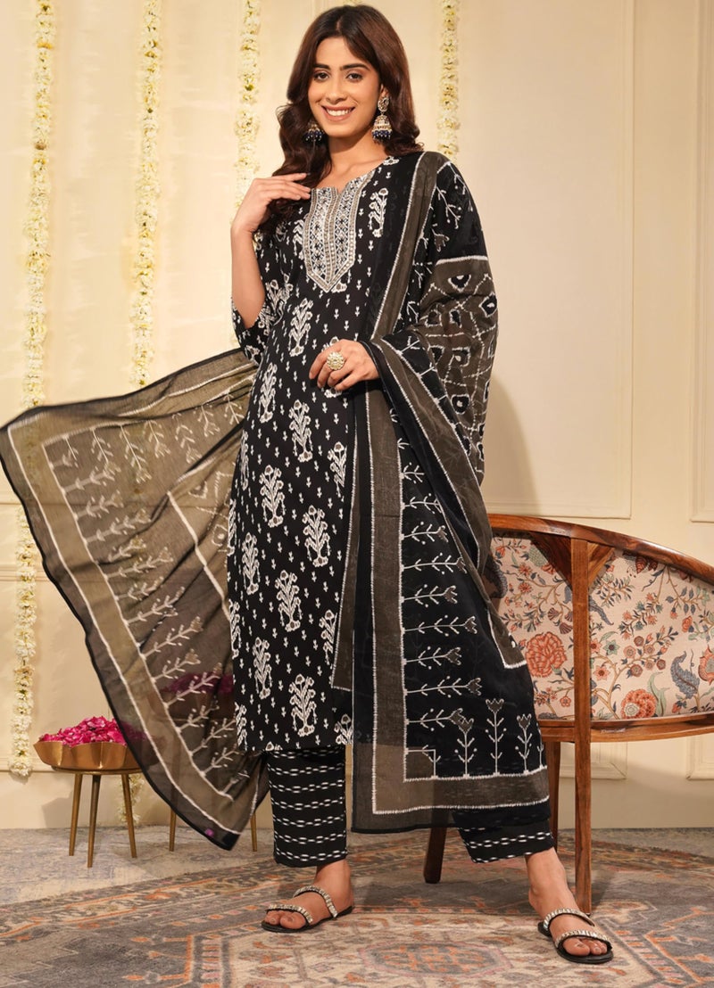rytras Women's Pure Cotton Embroidered Straight Kurta Set with Palazzo Pants & Dupatta- Ethnic Wear, Black(RYT646,M) - Image 3