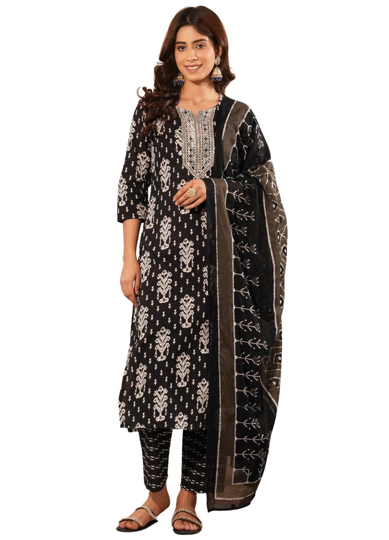 rytras Women's Pure Cotton Embroidered Straight Kurta Set with Palazzo Pants & Dupatta- Ethnic Wear, Black(RYT646,M) - Image 1