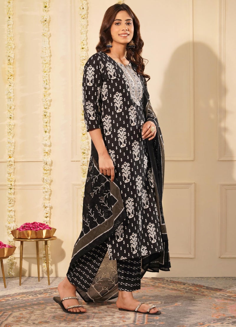 rytras Women's Pure Cotton Embroidered Straight Kurta Set with Palazzo Pants & Dupatta- Ethnic Wear, Black(RYT646,M) - Image 5