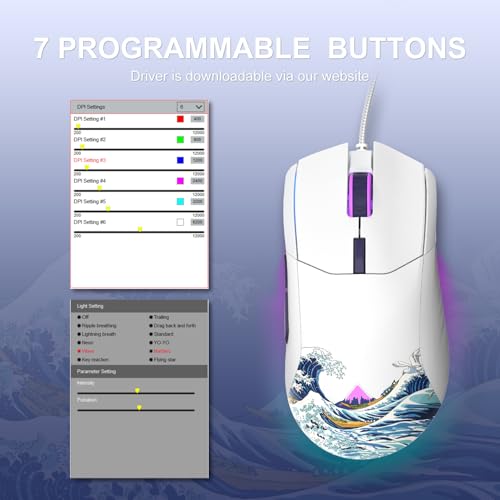 COSTOM Womier G705 USB Wired Gaming Mouse for PC Computer Windows Mac Laptop, Lightweight Silent RGB Backlit Mouse with Adjustable 12000DPI/7 Programmable Side Buttons,White Kanagawa Theme - Image 5
