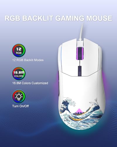 COSTOM Womier G705 USB Wired Gaming Mouse for PC Computer Windows Mac Laptop, Lightweight Silent RGB Backlit Mouse with Adjustable 12000DPI/7 Programmable Side Buttons,White Kanagawa Theme - Image 2