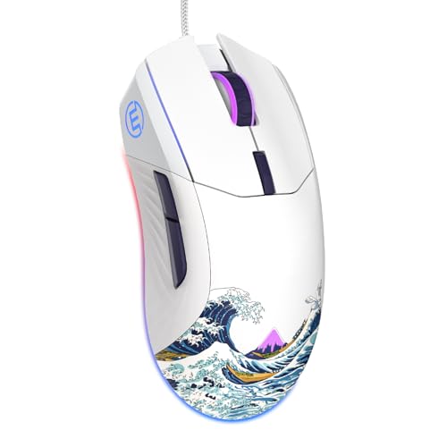 COSTOM Womier G705 USB Wired Gaming Mouse for PC Computer Windows Mac Laptop, Lightweight Silent RGB Backlit Mouse with Adjustable 12000DPI/7 Programmable Side Buttons,White Kanagawa Theme - Image 1