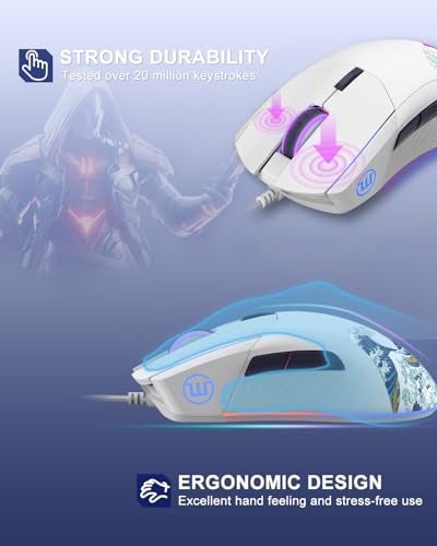 COSTOM Womier G705 USB Wired Gaming Mouse for PC Computer Windows Mac Laptop, Lightweight Silent RGB Backlit Mouse with Adjustable 12000DPI/7 Programmable Side Buttons,White Kanagawa Theme - Image 4
