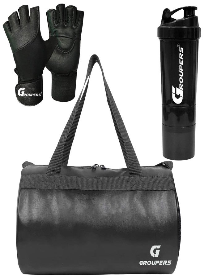 Groupers Foldable 20-25L Gym & Weekender Bag - Black Waterproof Travel Duffle with 500ml Protein Shaker & Breathable Exercise Gloves, Fitness Gear for Men & Women - Image 1
