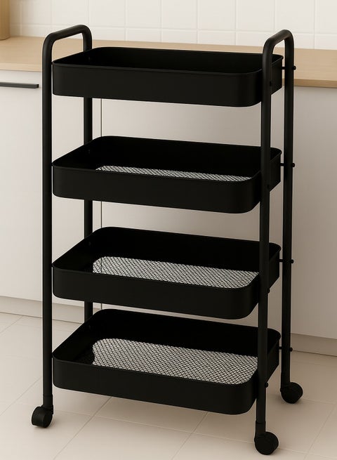 عربة تخزين فولاذية متينة بأربع طبقات مع عجلات - عربة مطبخ متعددة الأغراض، ورف للمخزن، ومنظم للحمام والغسيل (أسود)