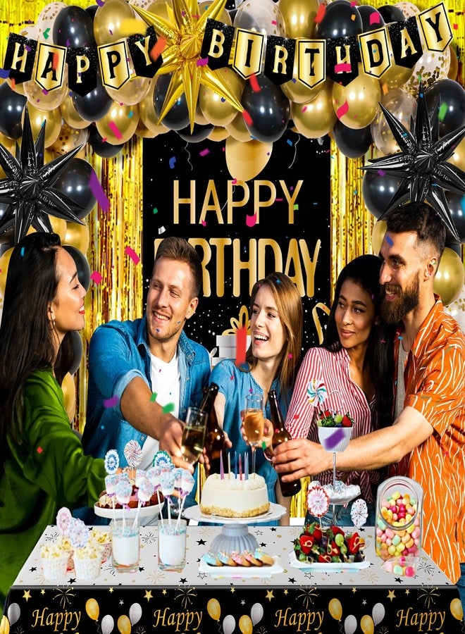 Pounira Birthday Decorations for Men Women, Black and Gold Happy Birthday Decorations for Boys Girls Gold Party Decorations Banner, Balloons, Tablecloth Backdrop Star Balloons Bday Party Decor for Him Her - Image 2