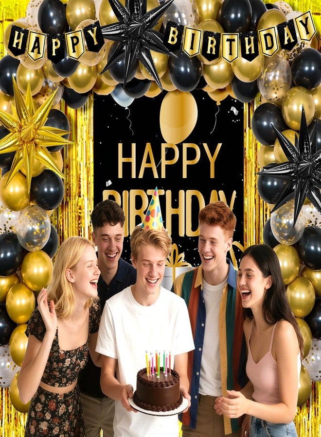 Pounira Birthday Decorations for Men Women, Black and Gold Happy Birthday Decorations for Boys Girls Gold Party Decorations Banner, Balloons, Tablecloth Backdrop Star Balloons Bday Party Decor for Him Her - Image 4