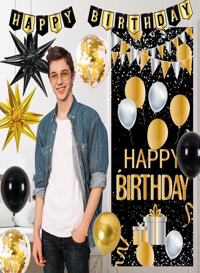 Pounira Birthday Decorations for Men Women, Black and Gold Happy Birthday Decorations for Boys Girls Gold Party Decorations Banner, Balloons, Tablecloth Backdrop Star Balloons Bday Party Decor for Him Her - Image 5