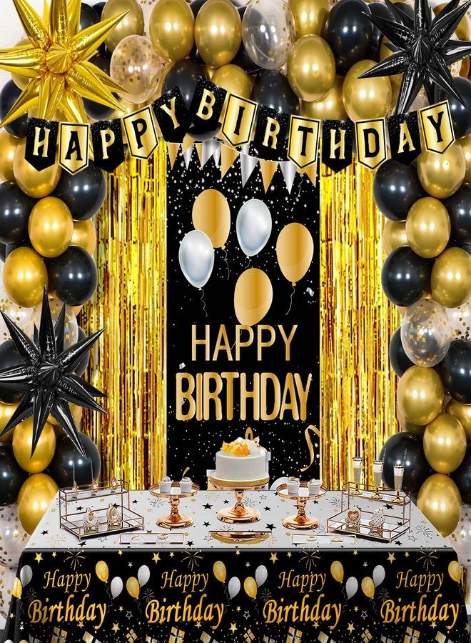 Pounira Birthday Decorations for Men Women, Black and Gold Happy Birthday Decorations for Boys Girls Gold Party Decorations Banner, Balloons, Tablecloth Backdrop Star Balloons Bday Party Decor for Him Her - Image 1