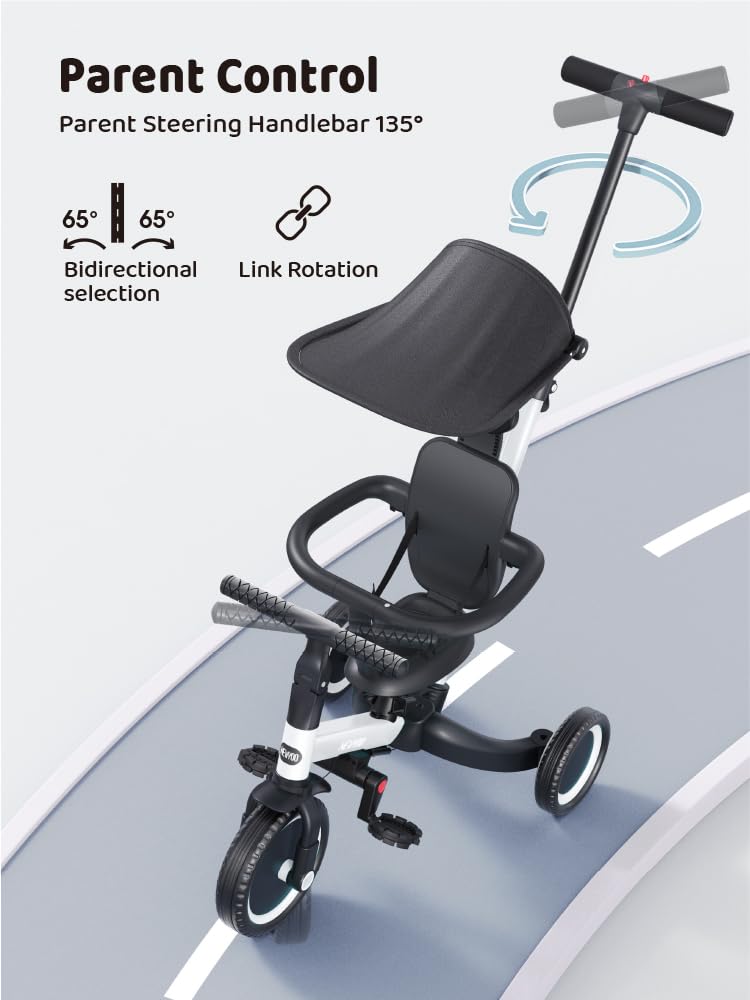 newyoo Tricycle for Toddlers 1-3, Toddler Bike, Toddler Tricycle with Push Handle and Canopy, Birthday Gift and Toys for Girl and Boy, 6 in 1 Baby Trike, Balance Bike, TR009, White - Image 3