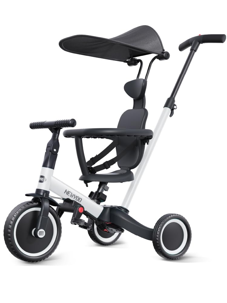 newyoo Tricycle for Toddlers 1-3, Toddler Bike, Toddler Tricycle with Push Handle and Canopy, Birthday Gift and Toys for Girl and Boy, 6 in 1 Baby Trike, Balance Bike, TR009, White - Image 1