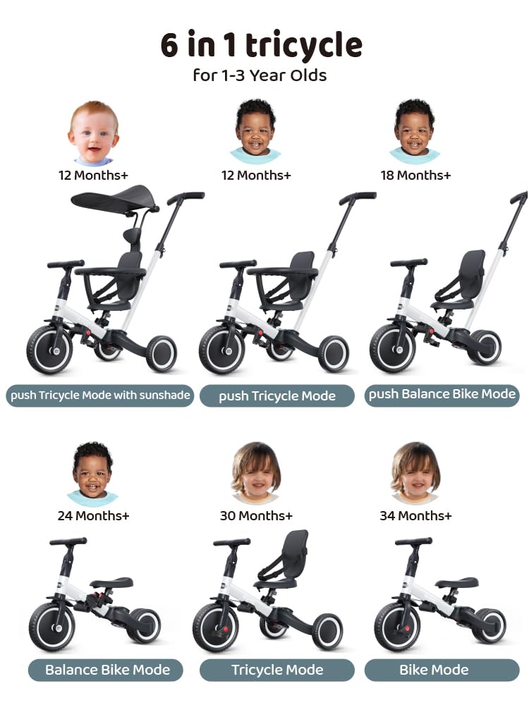 newyoo Tricycle for Toddlers 1-3, Toddler Bike, Toddler Tricycle with Push Handle and Canopy, Birthday Gift and Toys for Girl and Boy, 6 in 1 Baby Trike, Balance Bike, TR009, White - Image 2