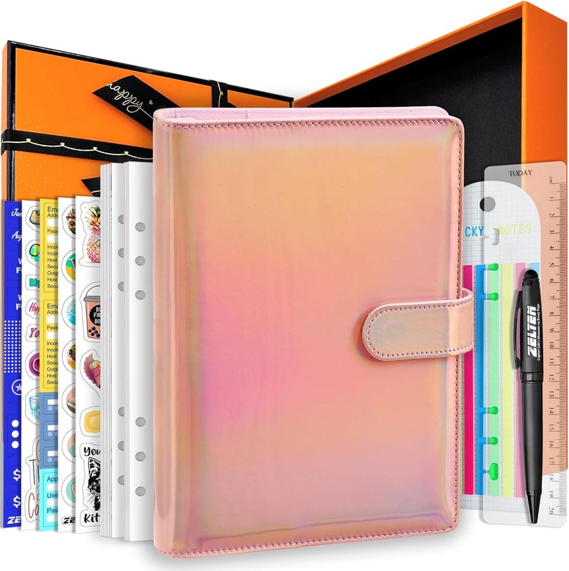 Zelten PU Leather Personal Notebook Planner with 80 Pages Loose-Leaf Papers 6 Holes Ring Binder Pen Holder Magnetic Buckle (Holographic Pink, A5 Gift Box) - Image 1