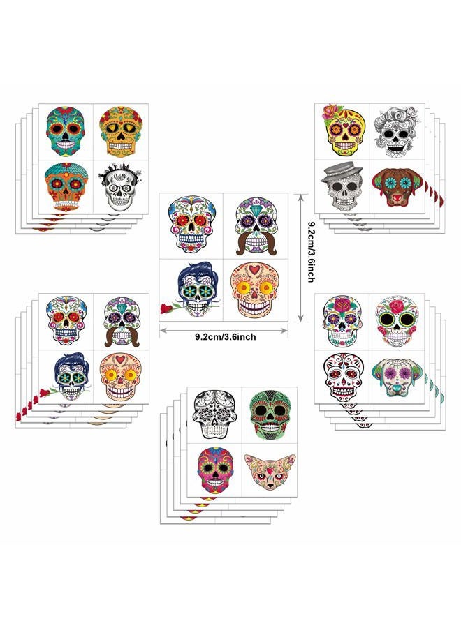 Konsait Day of the Dead Sugar Skull Tattoos(100Counts),Konsait Halloween Temporary Face Tattoos Sugar Skull Puppy Black Skeleton Web Red Roses Tattoo for kids Boys Girls Mexican Halloween Party Favor Supplies - Image 2