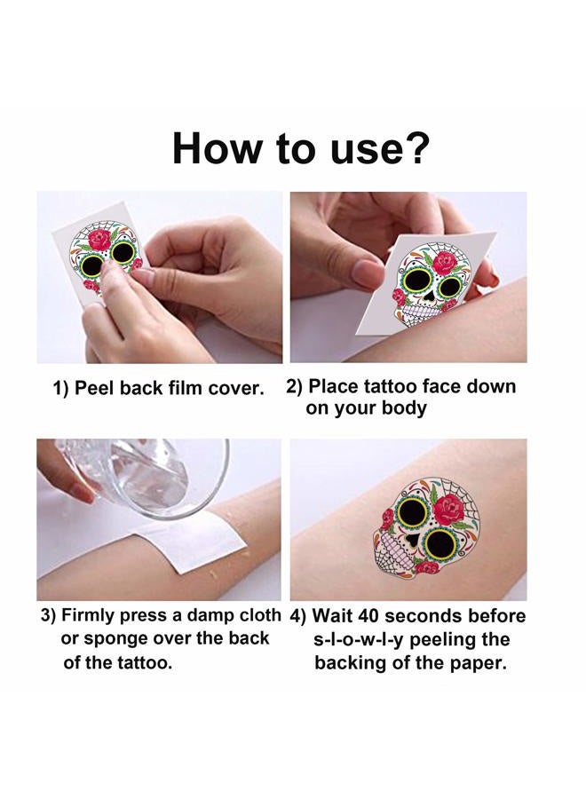 Konsait Day of the Dead Sugar Skull Tattoos(100Counts),Konsait Halloween Temporary Face Tattoos Sugar Skull Puppy Black Skeleton Web Red Roses Tattoo for kids Boys Girls Mexican Halloween Party Favor Supplies - Image 3