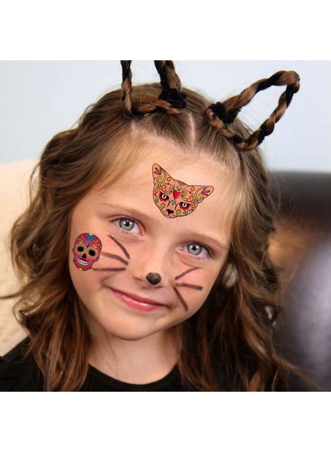 Konsait Day of the Dead Sugar Skull Tattoos(100Counts),Konsait Halloween Temporary Face Tattoos Sugar Skull Puppy Black Skeleton Web Red Roses Tattoo for kids Boys Girls Mexican Halloween Party Favor Supplies - Image 4