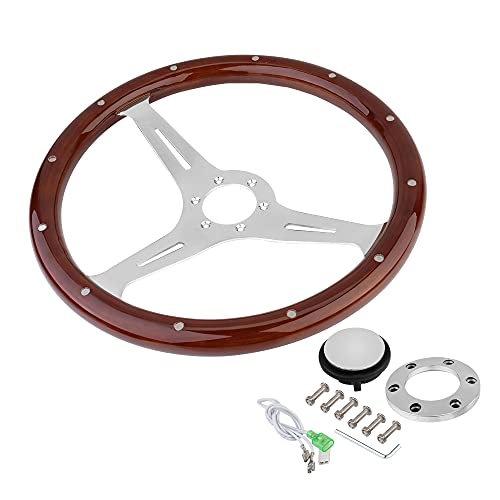 YEHICY 15" Classic Wood Grain Steering Wheel Riveted Light Wood Grip Universal Car Racing Wood Steering Wheels Slotted 3 Spoke with Horn button - Image 2