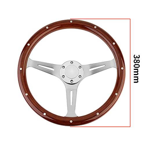 YEHICY 15" Classic Wood Grain Steering Wheel Riveted Light Wood Grip Universal Car Racing Wood Steering Wheels Slotted 3 Spoke with Horn button - Image 4