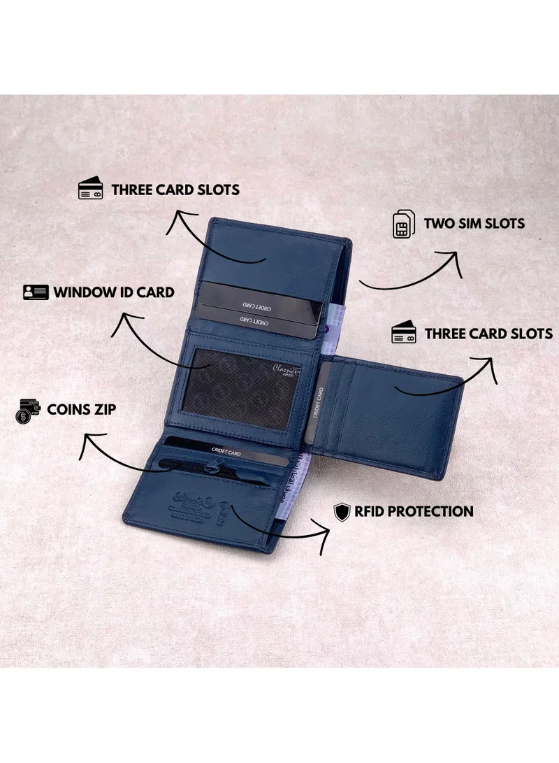 Classic Milano Blue (GTF-10-EM) Classic Milano Men’s Wallet – Slim Bifold Leather Wallet for Men with RFID Blocking, Multiple Card Slots & Middle Zip – Stylish Mens Purse Wallets Gift for Husband, Father for Men | Best Price UAE