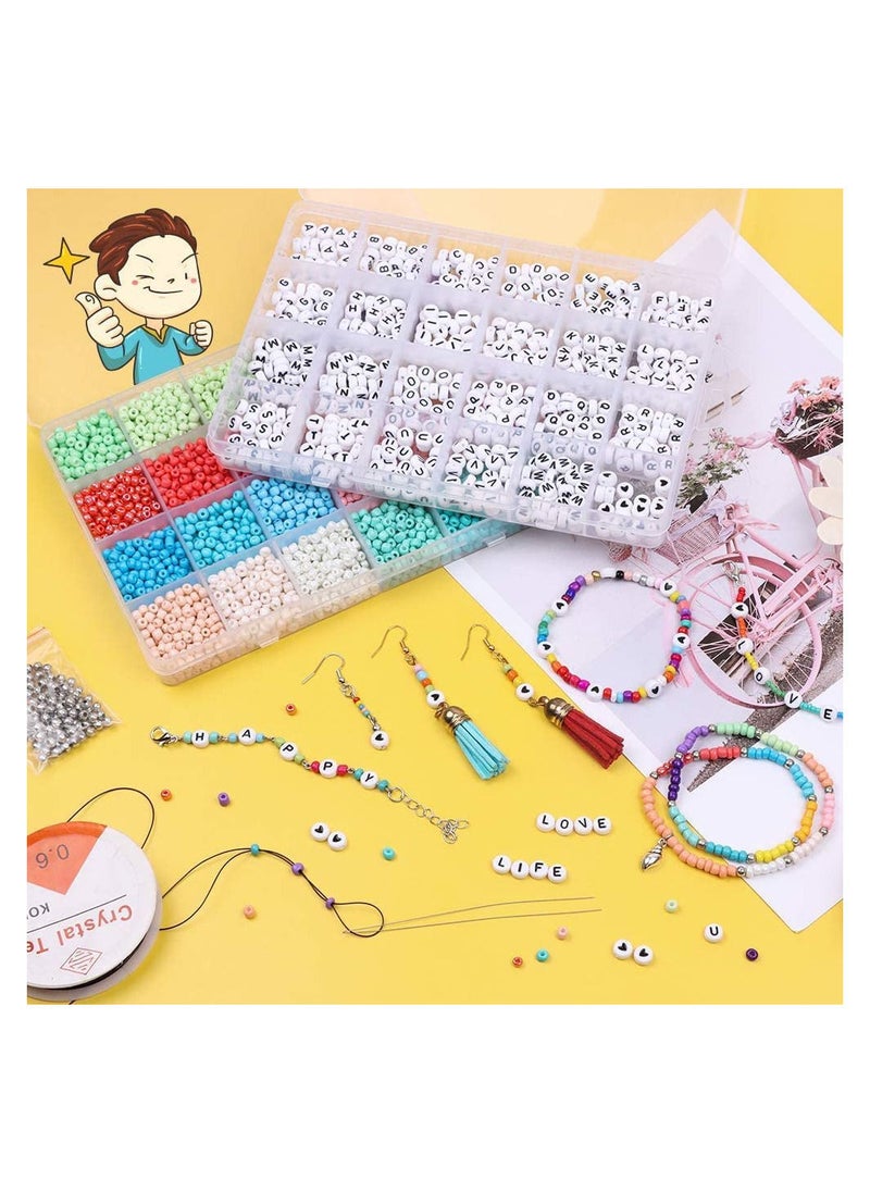 17500 Pcs 2mm Glass Seed Beads for Jewelry Making Kit, 1200 Pcs Alphabet Letter Beads, Tiny Beads Set for Bracelets Making, DIY, Art and Craft with Rolls of Elastic String Cord, Charms and Rings