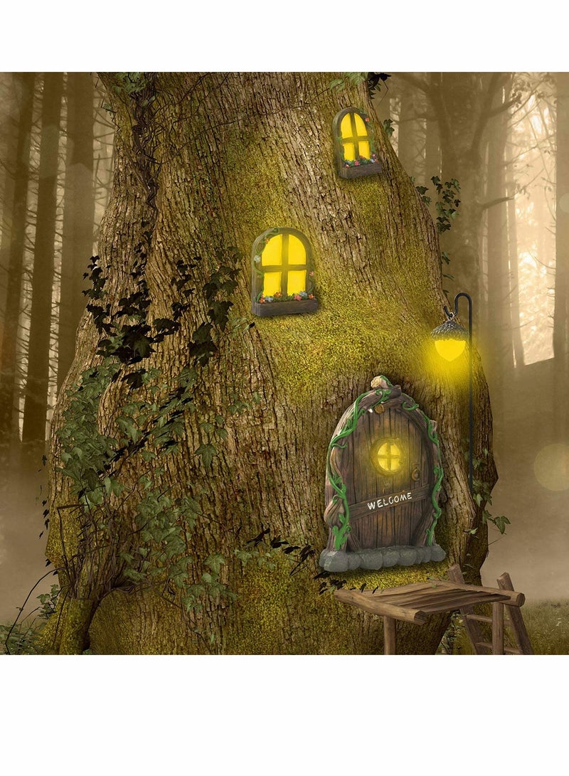 Excefore Fairy Door for Tree Decorations Miniature Fairy Garden Accessories Creative Courtyard Garden Tree Hanging 2 Windows and 1 Door 1 Light - Image 4