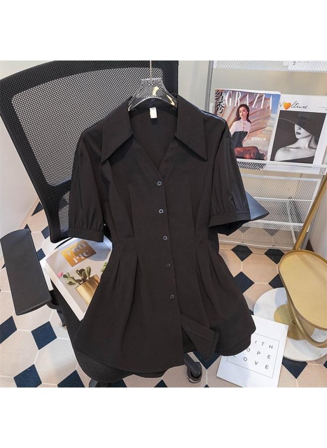 Generic - Plus Size Chubby Mm Chic Shirt Mid-length Short-sleeved Summer Dovetail Niche V-neck Tight Waist Shirt Design - Image 1
