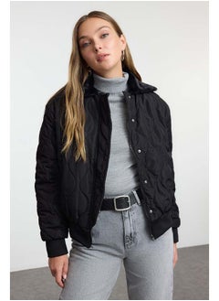 Black Regular Pattern Collar Plush Detailed Water Repellent Quilted Puffer Jacket TWOAW25MO00165