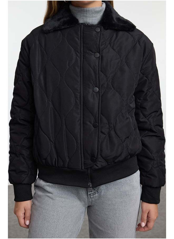 trendyol - Black Regular Pattern Collar Plush Detailed Water Repellent Quilted Puffer Jacket TWOAW25MO00165 - Image 1