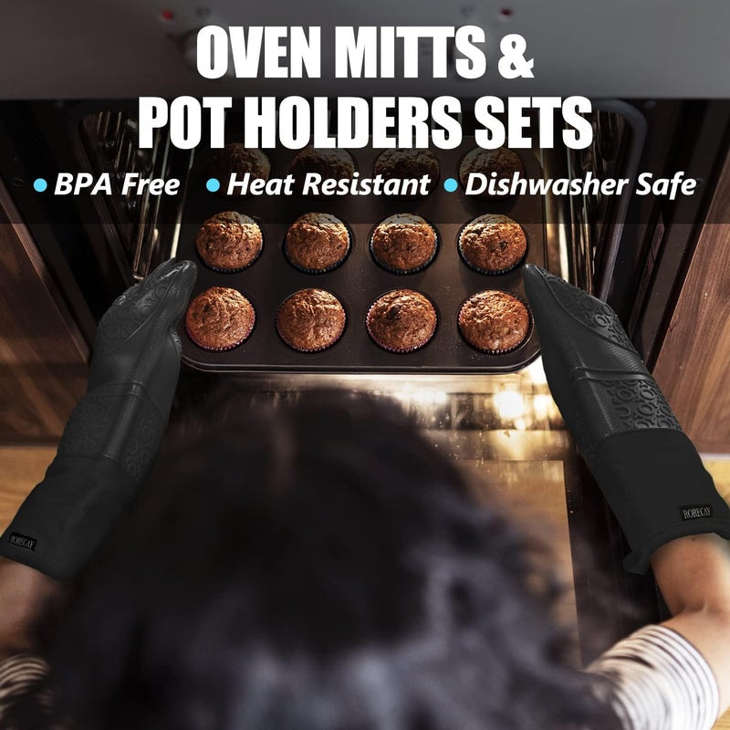 Rorecay Extra Long Oven Mitts and Pot Holders Sets: Heat Resistant Silicone Mittens with Mini Gloves Hot Pads Potholders for Kitchen Baking Cooking, Quilted Liner, Black, Pack of 6 - Image 2