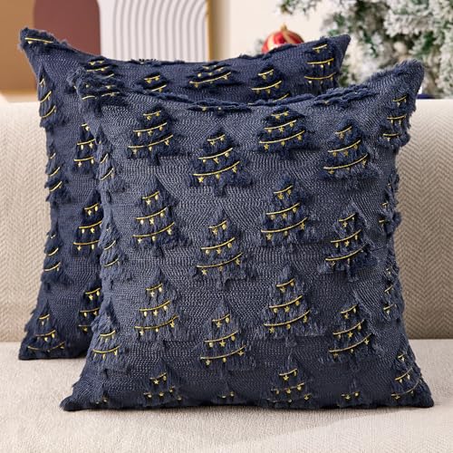 Allorry Christmas Pillow Covers 18x18 inch Set of 2 Soft Plush Christmas Decor Navy Blue Xmax Tree Yellow Colored Lights Decoration Throw Pillow Case for Winter Holiday Sofa Living Room PT003H18 - Image 1