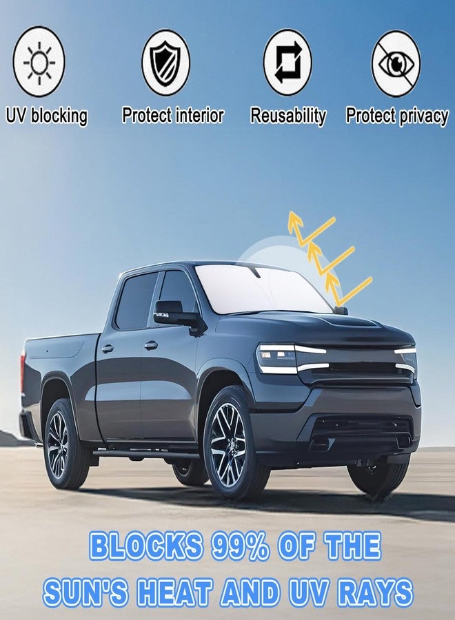 PIMCAR واقي شمس فاخر للزجاج الأمامي لسيارة دودج رام 1500 موديلات 2019-2025 و2026، مصنوع من مادة عاكسة 310T، واقي شمس أمامي قابل للطي يحجب الأشعة فوق البنفسجية - Image 3