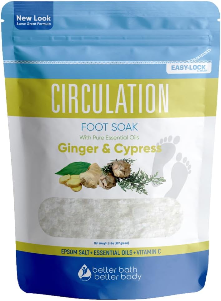 Better Bath Better Body Circulation Foot Soak 32 Ounces (2 Lbs) Epsom Salt with Pure Essential Oils Ginger and Cypress Essential Oils Plus Vitamin C in BPA Free Pouch with Easy Press Lock Seal 