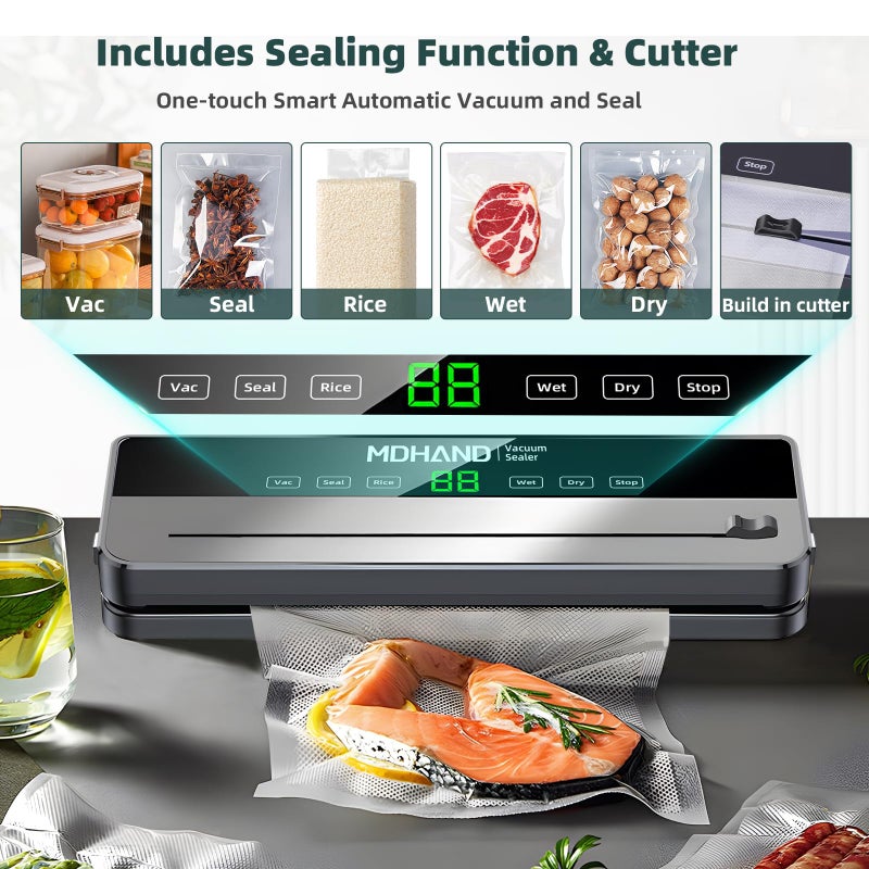 MDHAND Vacuum Sealer - 6 IN 1 Food Saver Vacuum Sealer Machine with 30 Bags & Built-in Cutter, Multi-Functional Strong Suction Automatic Sealing & Dry & Moist Modes Ideal for Home Kitchen Use - Image 2
