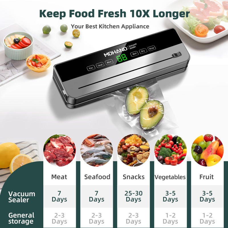 MDHAND Vacuum Sealer - 6 IN 1 Food Saver Vacuum Sealer Machine with 30 Bags & Built-in Cutter, Multi-Functional Strong Suction Automatic Sealing & Dry & Moist Modes Ideal for Home Kitchen Use - Image 5