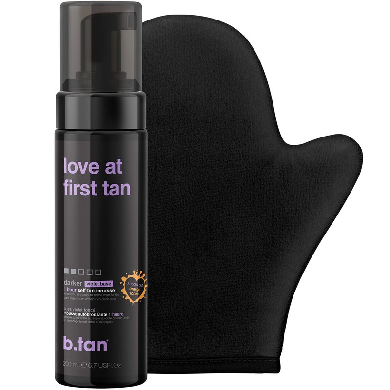 b tan مجموعة تسمير البشرة الذاتية البنفسجي من b.tan | مجموعة Fall In Love at First Tan - موس تسمير البشرة الذاتي الداكن مع قفاز تطبيق تسمير البشرة الذاتي، تسمير البشرة بدون التعرض للشمس لمدة ساعة، تسمير البشرة الذاتي السريع، بدون رائحة تسمير مزيفة، نباتي، 6.7 أونصة سائلة - Image 1
