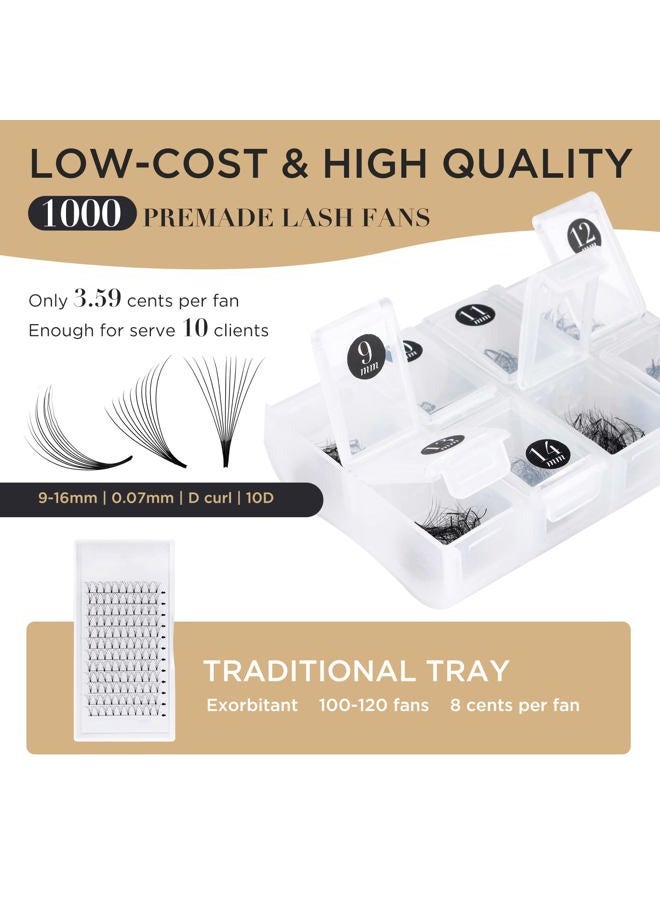 LASHVIEW 1000 Premade Volume Eyelash Extensions Mixed Tray 10D D Curl Premade Lash Fans Pointed Handmade Thin Base (10D-0.07D,9-16mm) - Image 2