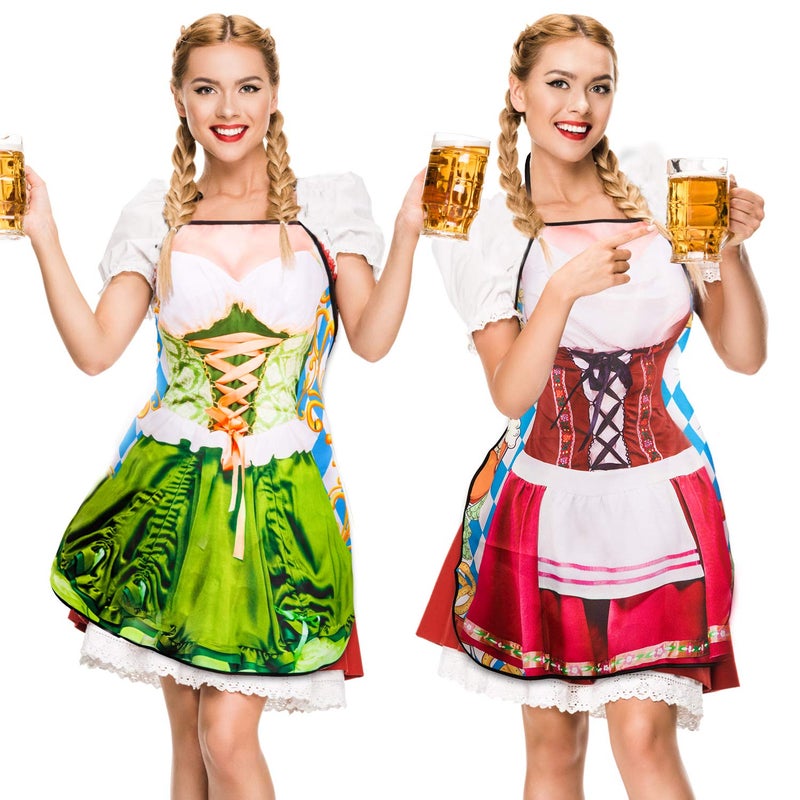Whaline 2Pcs Oktoberfest Apron, Female Dirndl Costume Outfit, German Oktoberfest Dress, Novelty Apron for Kitchen Cooking BBQ Party (Red, Green) - Image 1