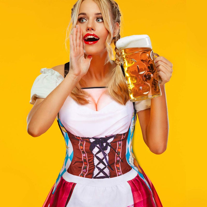 Whaline 2Pcs Oktoberfest Apron, Female Dirndl Costume Outfit, German Oktoberfest Dress, Novelty Apron for Kitchen Cooking BBQ Party (Red, Green) - Image 3