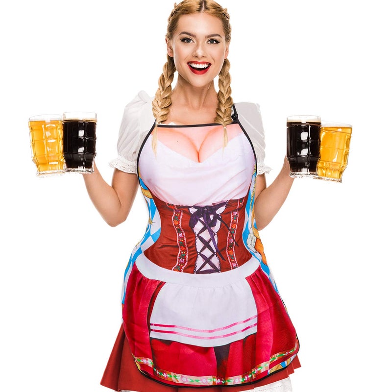 Whaline 2Pcs Oktoberfest Apron, Female Dirndl Costume Outfit, German Oktoberfest Dress, Novelty Apron for Kitchen Cooking BBQ Party (Red, Green) - Image 4
