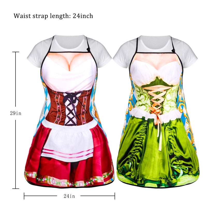 Whaline 2Pcs Oktoberfest Apron, Female Dirndl Costume Outfit, German Oktoberfest Dress, Novelty Apron for Kitchen Cooking BBQ Party (Red, Green) - Image 2