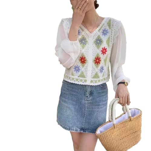 ICW Women's Retro Style Boho V-Neck Floral Print Crochet Hollow Out Puff Sleeve Botton-up Crop Top Shirt DN66 (in, Alpha, S, Regular, Green) - Image 1