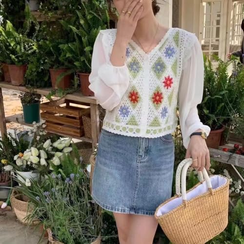 ICW Women's Retro Style Boho V-Neck Floral Print Crochet Hollow Out Puff Sleeve Botton-up Crop Top Shirt DN66 (in, Alpha, S, Regular, Green) - Image 2