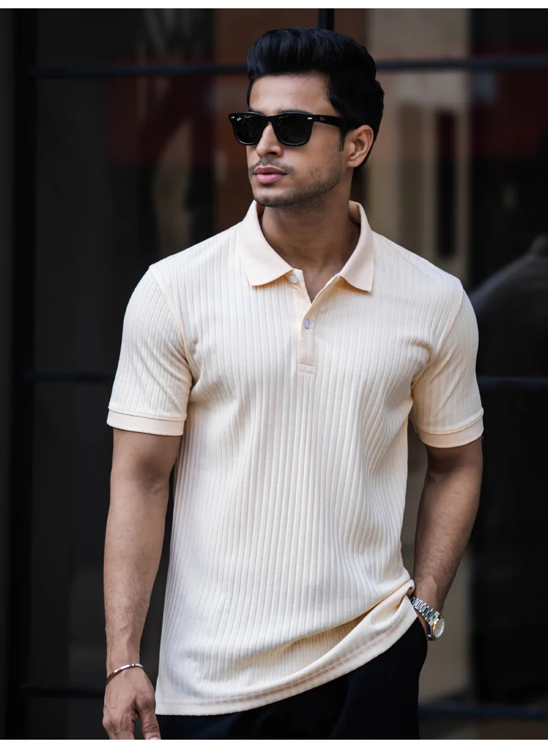 Maniac Maniac Mens Solid Textured Polo Neck Half Sleeve Cream Cottonblend T-Shirt
