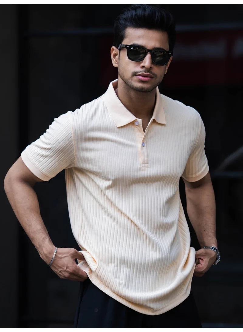 Maniac Maniac Mens Solid Textured Polo Neck Half Sleeve Cream Cottonblend T-Shirt