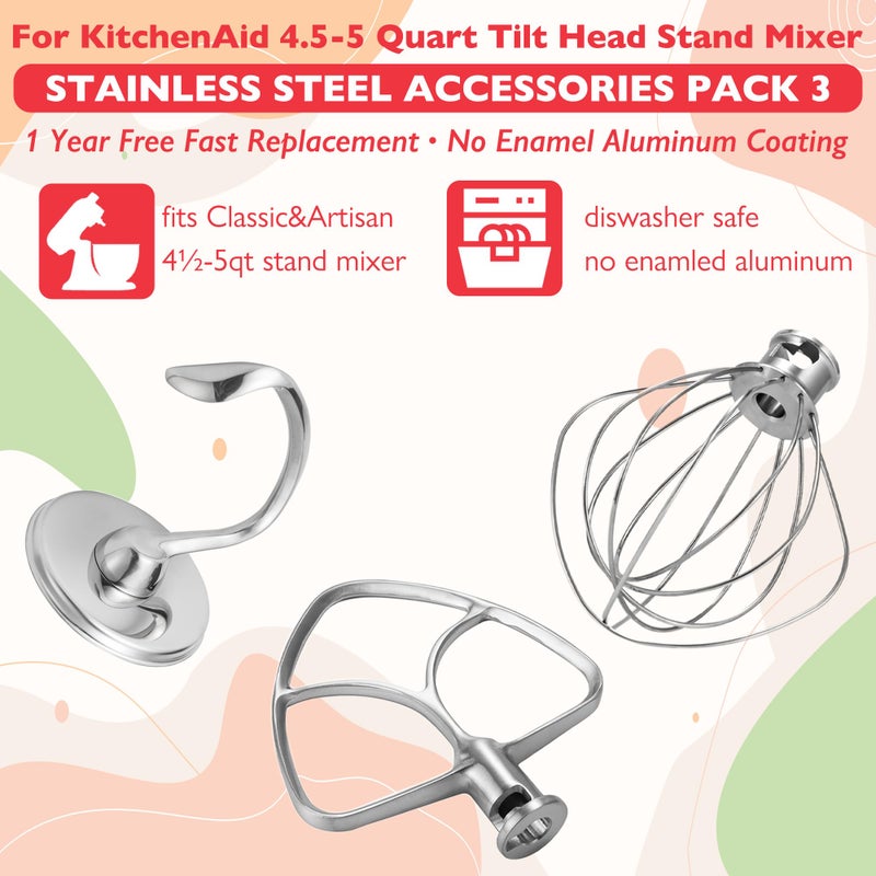 Wiselet Stainless Steel Accessories for KitchenAid 4.5-5 Qt Tilt Head Stand Mixer, Includes 6 Wire Whisk, Flat Beater, Dough Hook for KitchenAid, Dishwasher Safe and Heavy Duty, Fits for KSM45, KSM150 - Image 2