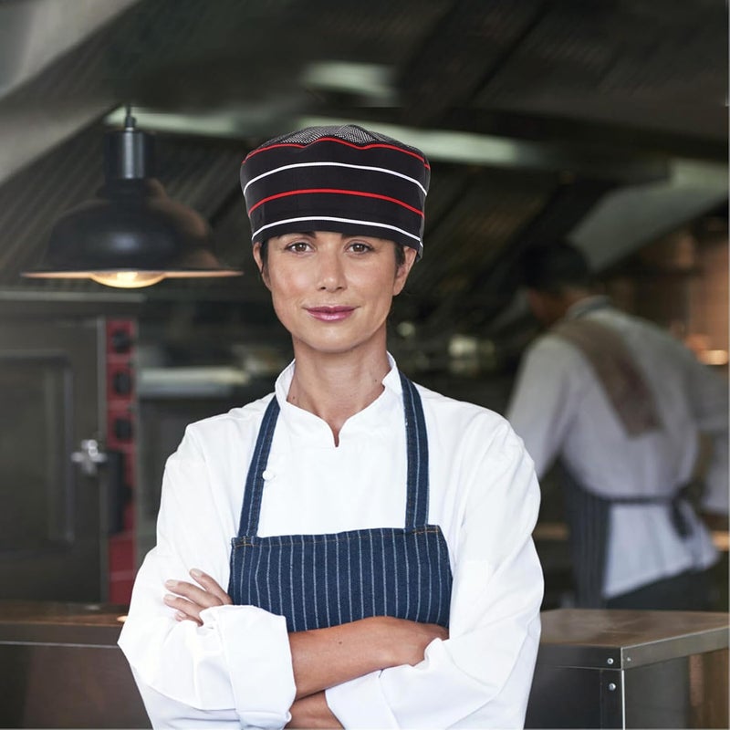 ORFOFE Unisex Chef Hat with Mesh Top Breathable Polyester Kitchen Cap for Men and Women Restaurant Service Staff Cooking Hat Black Red White Striped - Image 4